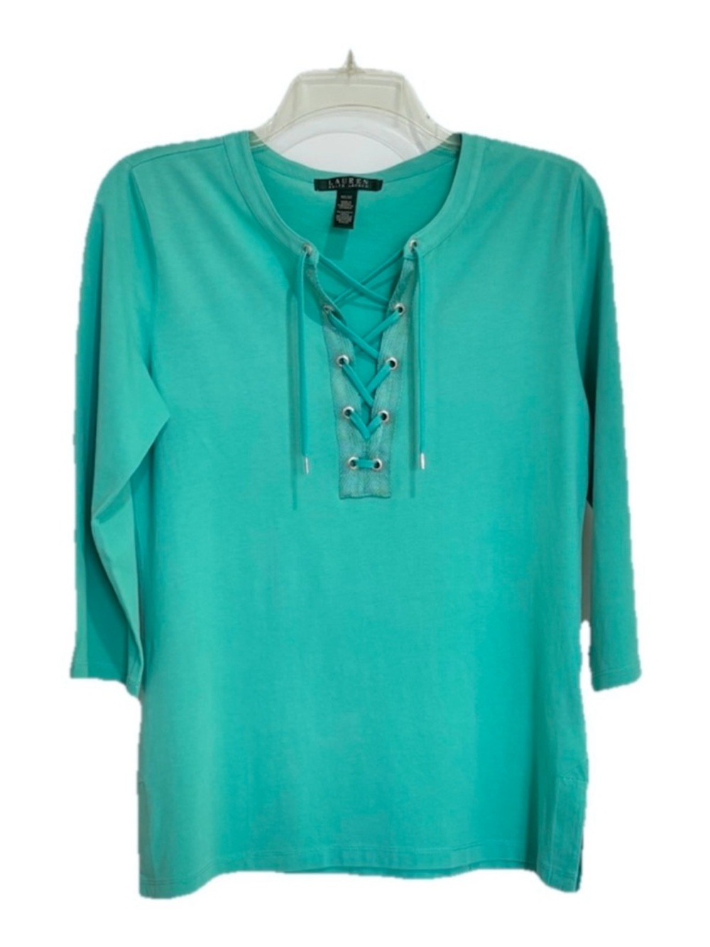 Lauren Ralph Lauren Green Lace Up 3/4 Sleeve Top Medium